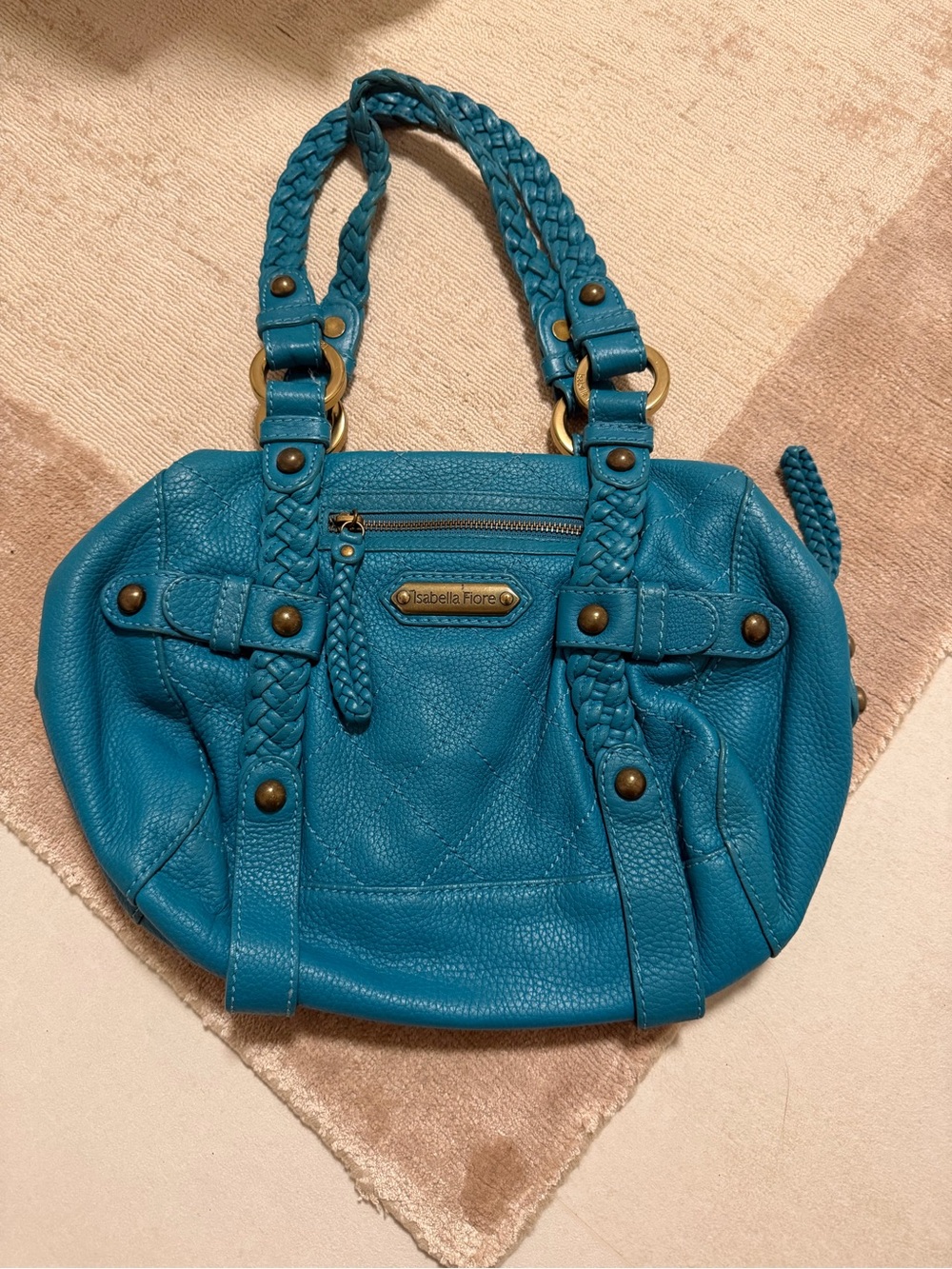 Isabella Fiore Teal Braided-Handle Leather Shoulder Bag